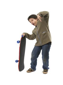 Skater boy making funny expressions. Full body, white background. More sports pictures at my gallery