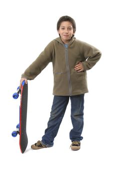 Cool boy posing with his skate. Full body, white background. More pictures of this model at my gallery