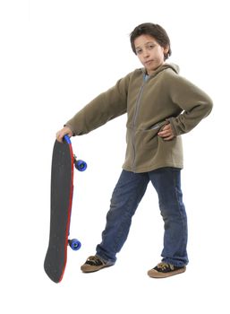 Cool boy posing with his skate. Full body, white background. More pictures of this model at my gallery