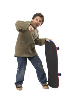 Skater boy making funny expressions. Full body, white background. More sports pictures at my gallery