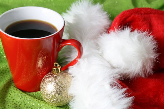 Christmas morning coffee with a hat and decoration