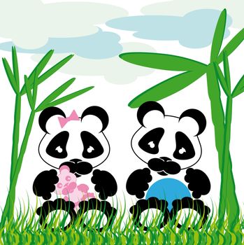 sweet panda cuddles with bamboo grass and cloud background

