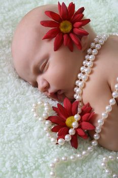 Beautiful newborn baby girl with flowers and pearls