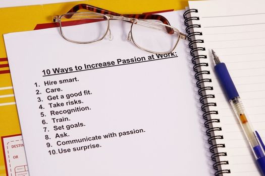 Ten ways to increase passion at work concept.
