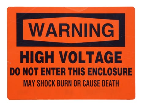 high voltage, do not enter - orange metal sign with scratches and marks, isolated with clipping path