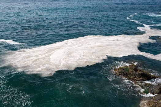 spot pollution floats above the sea near the coastline