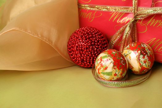 Brightly colored christmas gifts and decorations