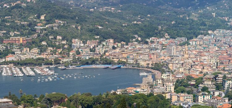 Aerial view of Rapallo with the characteristic castle and promenade. Rapallo is a small town in Liguria near Genova, Italy