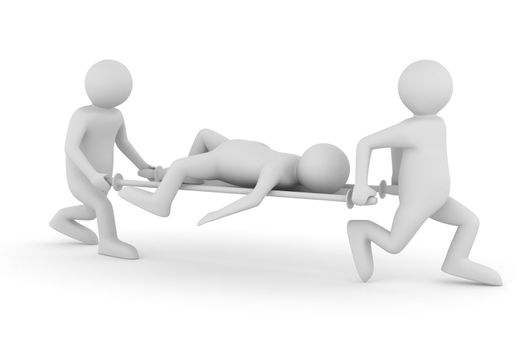 Hospital attendants transfer patient on stretcher. Isolated 3D image