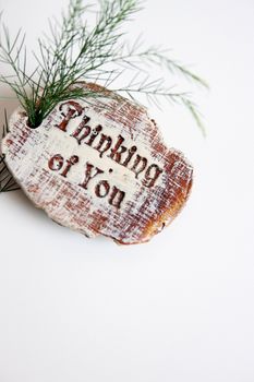 Wooden sign saying Thinking Of You and a branch