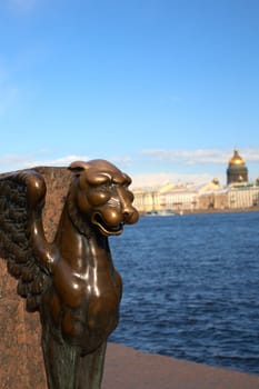 Brass sphinx at Neva embankment in St. Petersburg