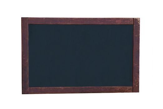 An old, blank blackboard with dark, battered wooden frame, isolated on a white background. Copy space for designer to add message in chalk style text.