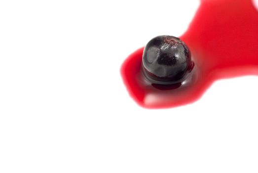 Close-up of a solitary blackcurrant in redcurrant juice, isolated on white background.  Seated on right side of frame with copy space to the left.