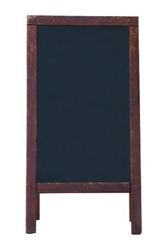 A blank, freestanding blackboard style noticeboard with wooden frame, isolated on a white background.  Weathered frame. Copy space on board.
