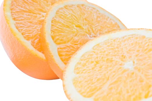 An orange half, and two slices, isolated against pure white background.
