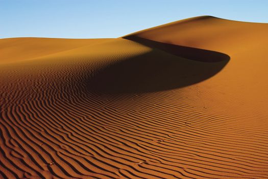 Golden sand dune in the evening light with blue sky and large shadow