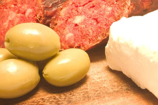 olives, sausages and cheese