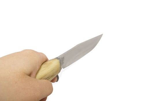 Hand comfortably holding the knife with image of winking owl. The handle is made of bone of a deer (with clipping path)