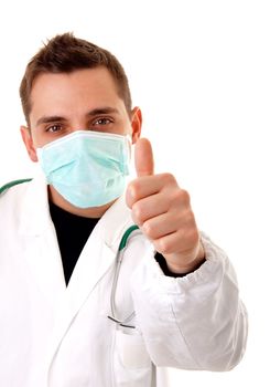 A portrait of young doctor with thumbs up isolated on white background