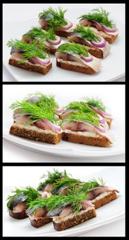 Sandwiches of rye bread with herring, onions and herbs.