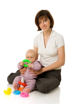 Mother with baby happy together isolated on white