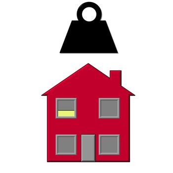 A illustration of a house with a big weight about to fall onto it