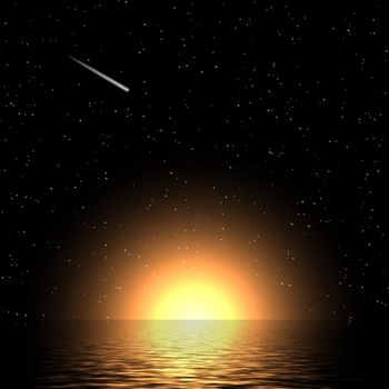 A sun shining over water with a star background