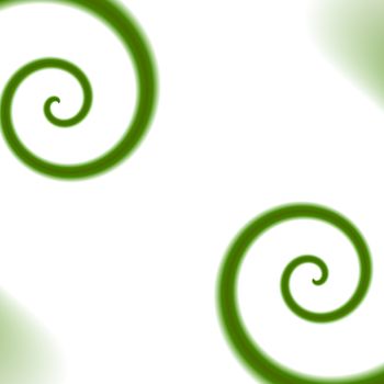Two green coloured spiral shapes on a white background