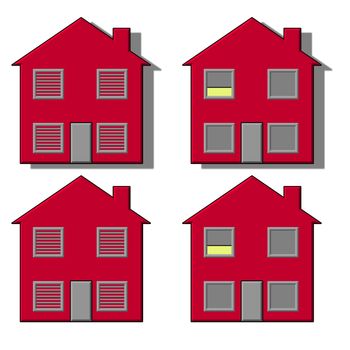 Four red house illustrations, two with shadows