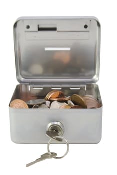 A lockable silver money box open with some money inside it