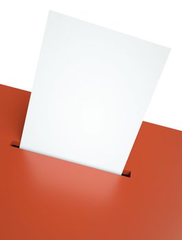 Blank ballot paper in a red ballot box slot. 3D render