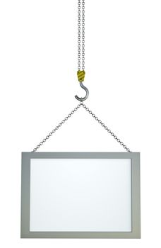 Blank framed banner or screen on hook, 3D render.