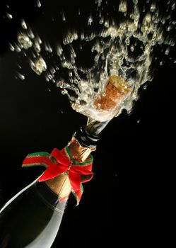 Champagne splash. Bottle and cork, with christmas decoration