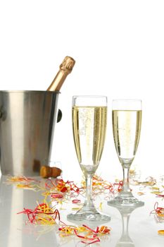 Champagne flutes and ice bucket, festive combo.