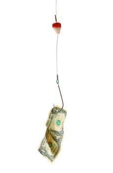 Money on a fishing hook. White backgorund