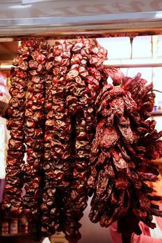 Dried red peppers stacked on the Mediterranean market