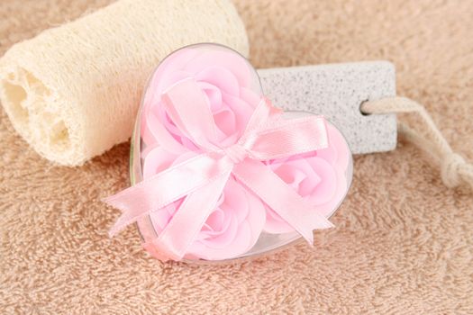 Pink Flower soaps in a heart shaped container
