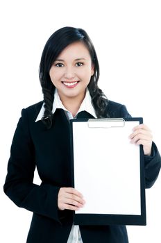 Portrait of a beautiful businesswoman holding a clipboard with copy space, over white background.