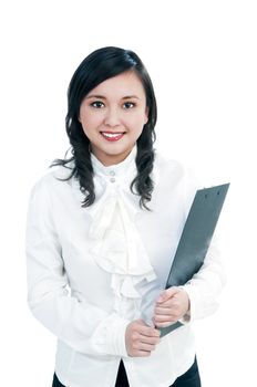 Portrait of a beautiful young businesswoman holding clipboard, over white background.