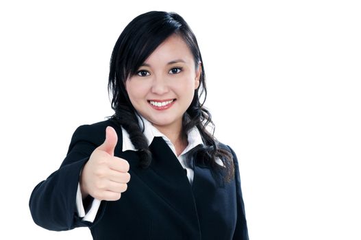 Portrait of a beautiful businesswoman giving thumb up sign over white background.