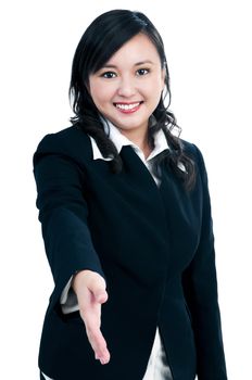 Portrait of a beautiful businesswoman offering handshake over white background.