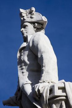 Close up of a stone staute of Captain Cook in Victoria Square, Christchurch New Zealand