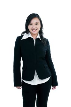 Portrait of an attractive young businesswoman smiling, over white background.