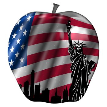Big Apple with USA Flag and New York Statue of Liberty Illustration