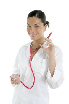 Beautiful woman doctor with red syringe injection in hand