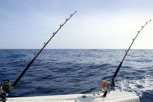 Fishing big game on Mediterranean sea boat with rod and reel