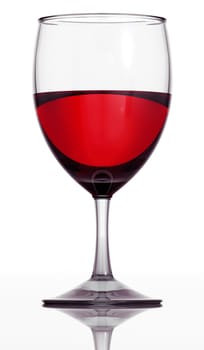 Red wine glass isolated on white background with reflective floor. 3d