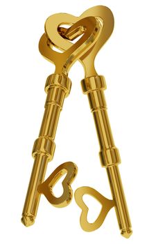 Two connected gold heart shaped keys isolated on white background. 3d