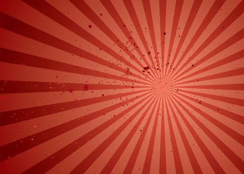 Red abstract background with radiating rays and grunge ink splats