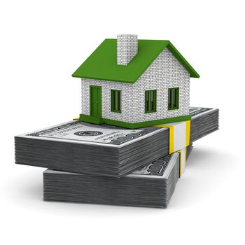 Small house and cash on white background. Isolated 3D image